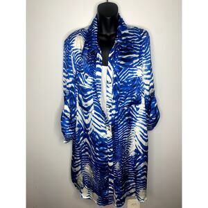 Cache Blue & White Zebra Satin like Dress Women's L Roll-Tab Sleeves Buttondown